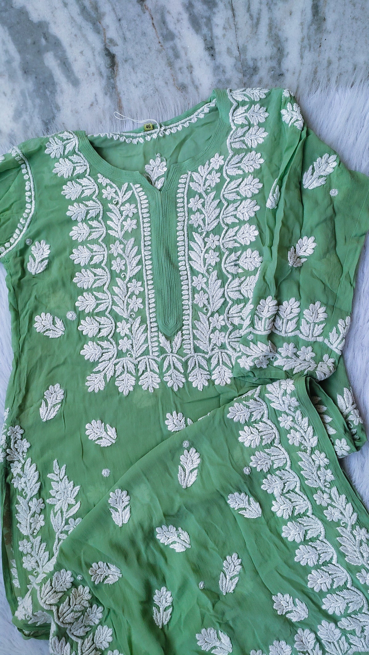 Middle green premium georgette Chikankari long kurta by LVW Fashions, handmade Lucknow chikankari with intricate embroidery.