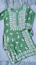 Middle green premium georgette Chikankari long kurta by LVW Fashions with intricate handmade Lucknow-style embroidery.