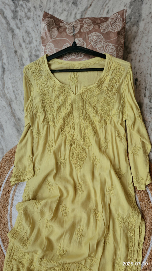 Misty Moss luxury cotton silk Chikankari long Kurti for women by LVW Fashions, featuring intricate handmade Lucknow embroidery.