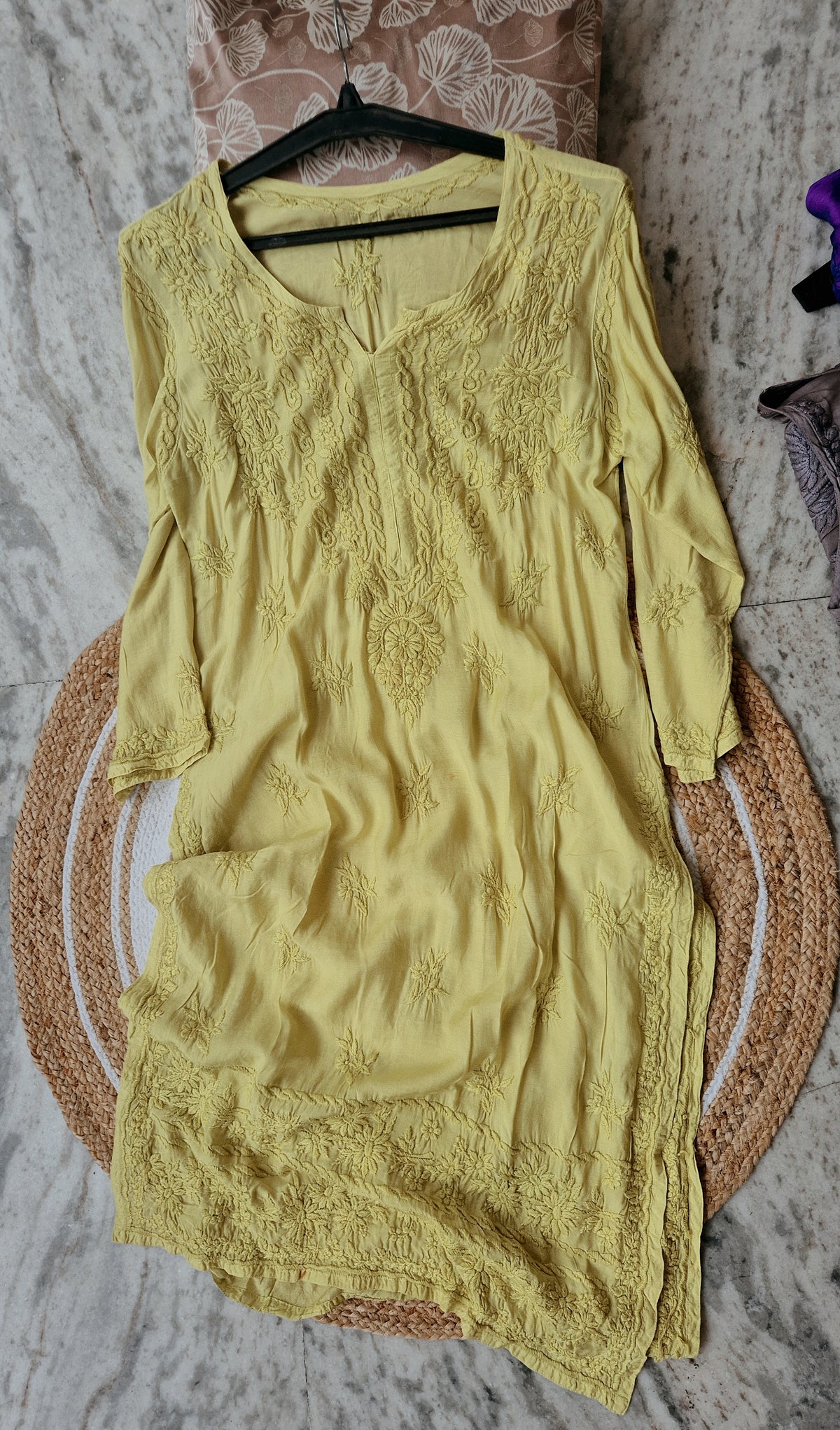 Misty Moss LVW Fashions long cotton silk Chikankari kurti with intricate hand-stitched Lucknow embroidery for women.