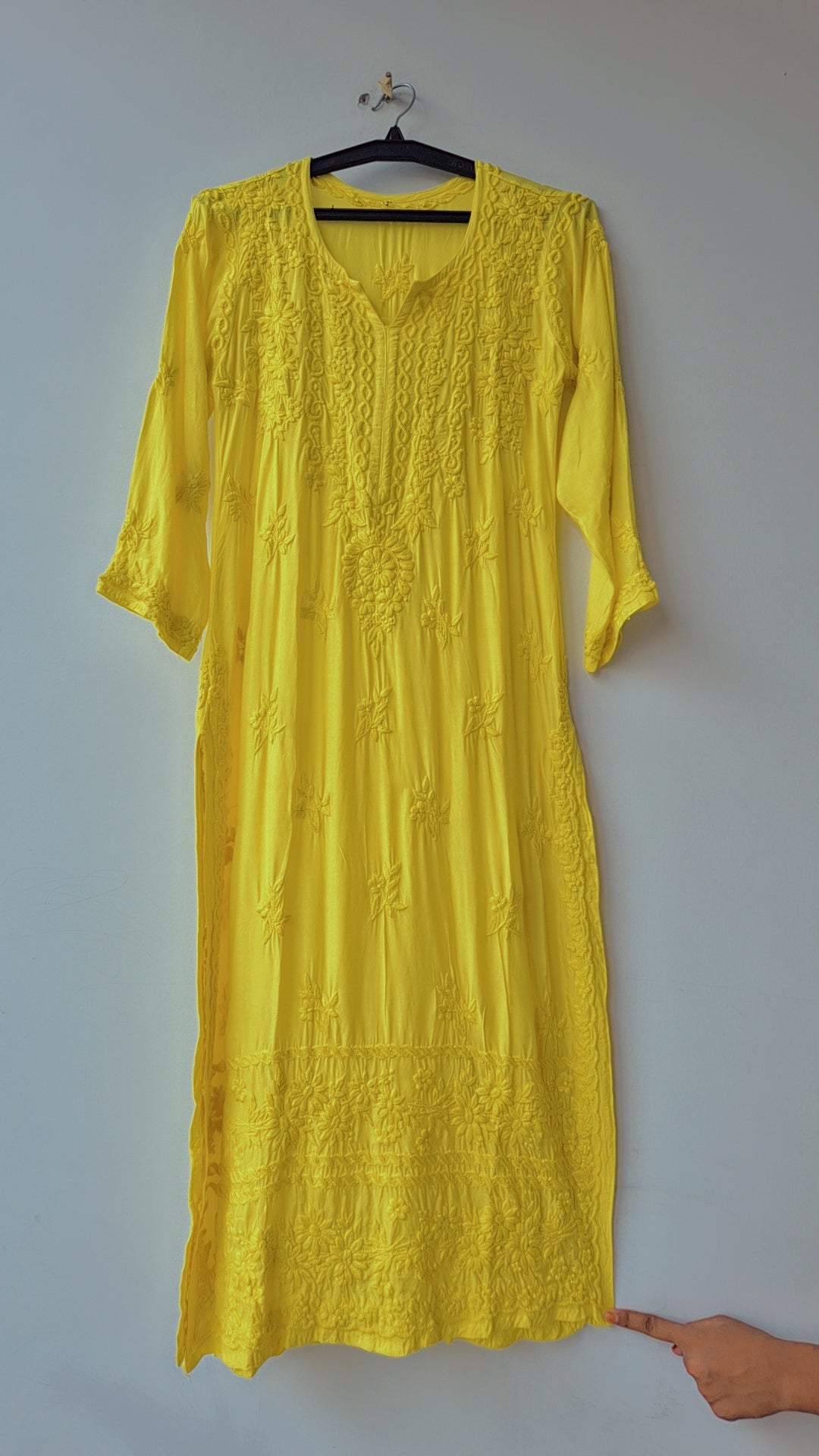 Misty Moss luxury long cotton silk Kurti with intricate Lucknow Chikankari embroidery, handcrafted by LVW Fashions for women.