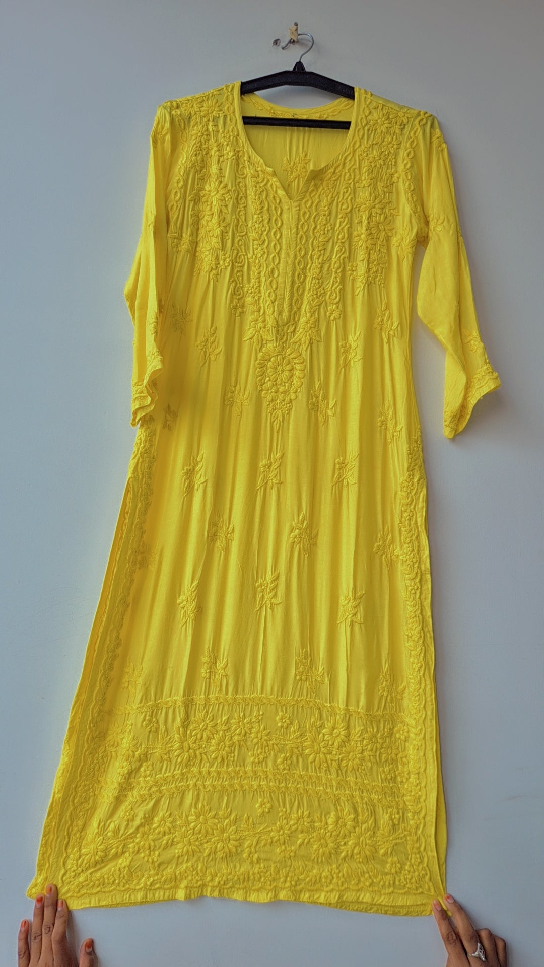 LVW Fashions Misty Moss long Kurti with handcrafted cotton silk Chikankari embroidery for women, luxurious and elegant.