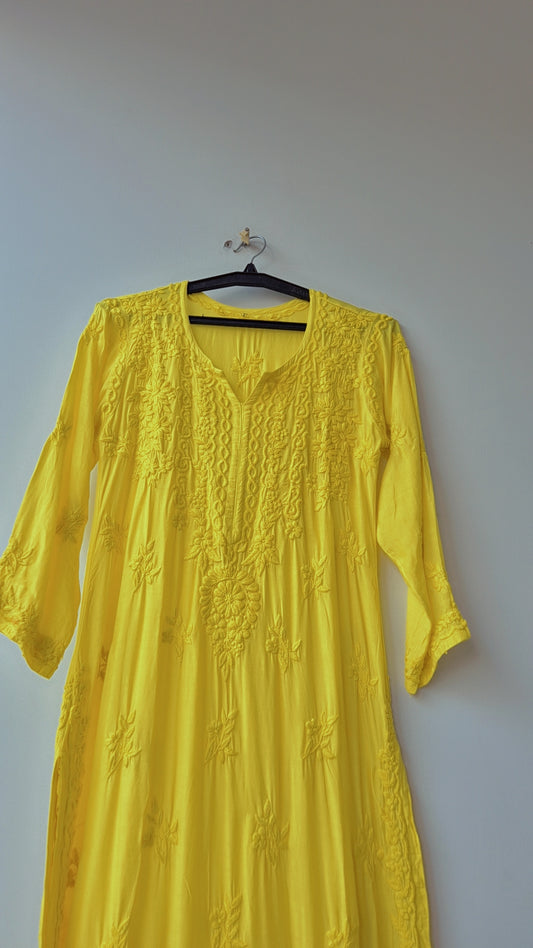 Misty Moss luxurious long cotton silk Kurti with intricate Lucknow Chikankari embroidery, handmade by LVW Fashions for women.