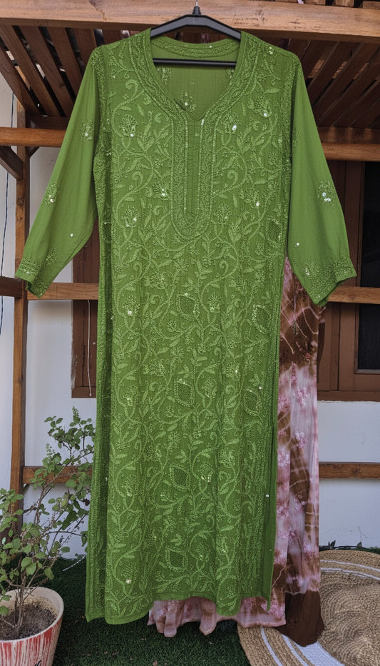 Moss Beautiful Noori premium georgette Chikankari Kurta with intricate Cutdana embroidery, handmade Lucknow Chikankari by LVW Fashions.