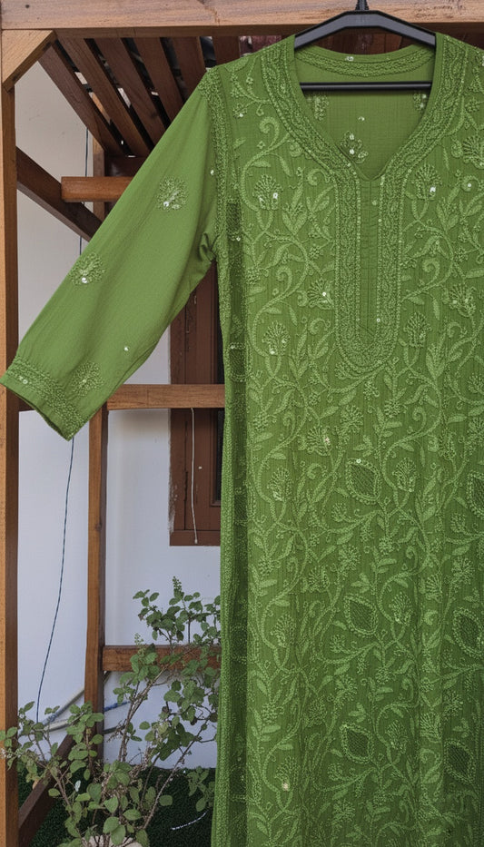LVW Fashions Moss Beautiful Noori premium georgette Chikankari kurta with intricate Cutdana embroidery, handmade Lucknow Chikankari.