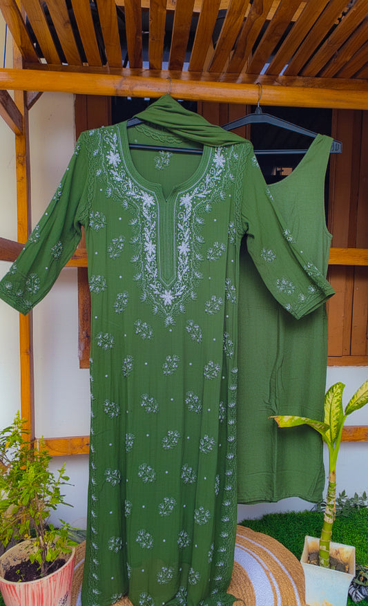 Moss Beautiful Noori premium georgette Chikankari kurta with Cutdana embroidery, handmade in Lucknow by LVW Fashions.