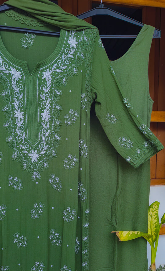 Handmade Moss Beautiful Noori premium georgette Chikankari Kurta with intricate Cutdana embroidery, crafted in Lucknow.