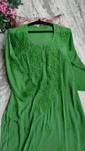 Mughal Green soft modal cotton Chikankari long kurta by LVW Fashions with intricate Lucknow handmade embroidery.