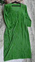 Mughal Green soft modal cotton long kurta with intricate handmade Lucknow Chikankari embroidery by LVW Fashions.