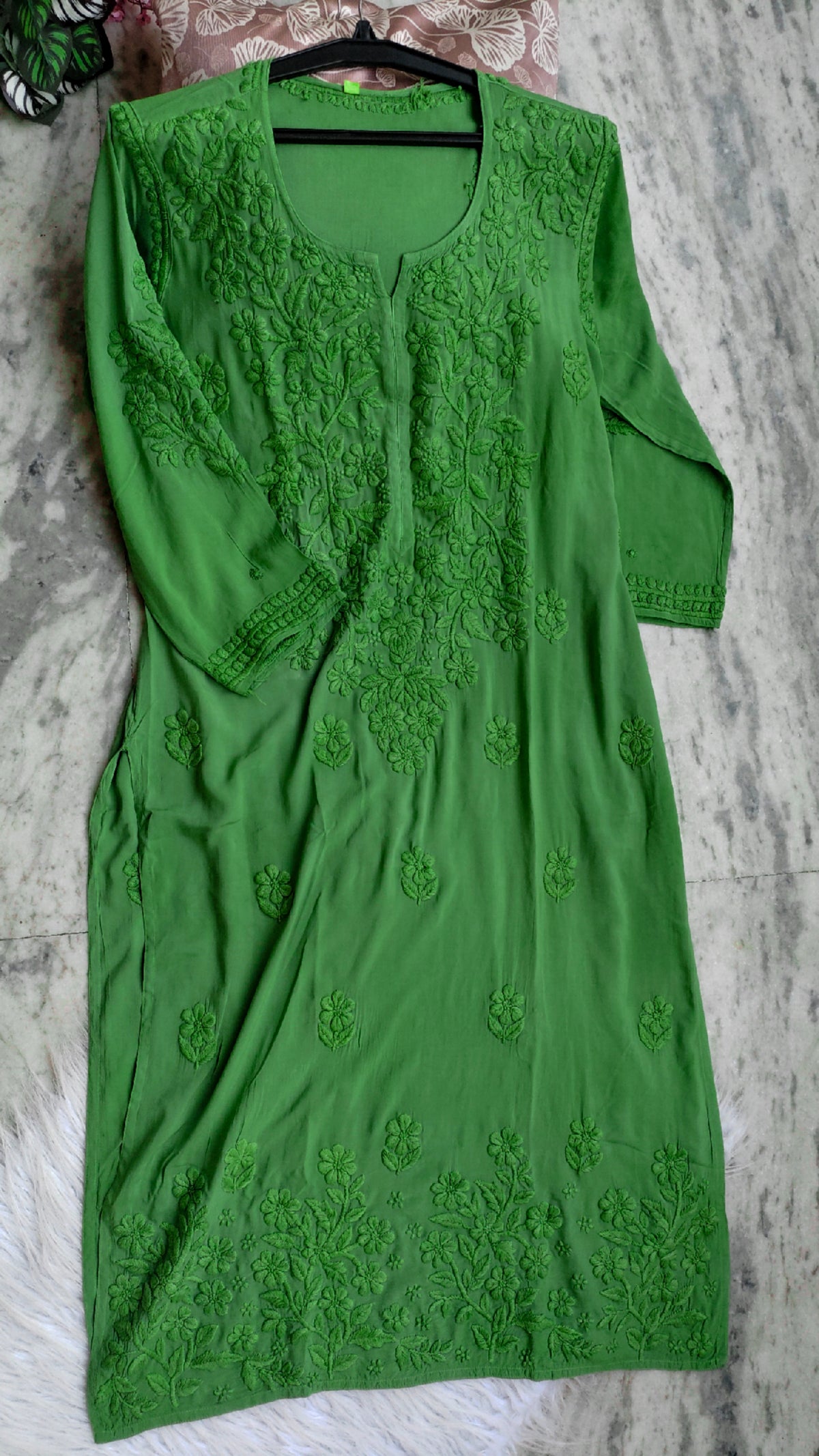 Mughal Green soft modal cotton long kurta with intricate handmade Lucknow Chikankari embroidery by LVW Fashions.