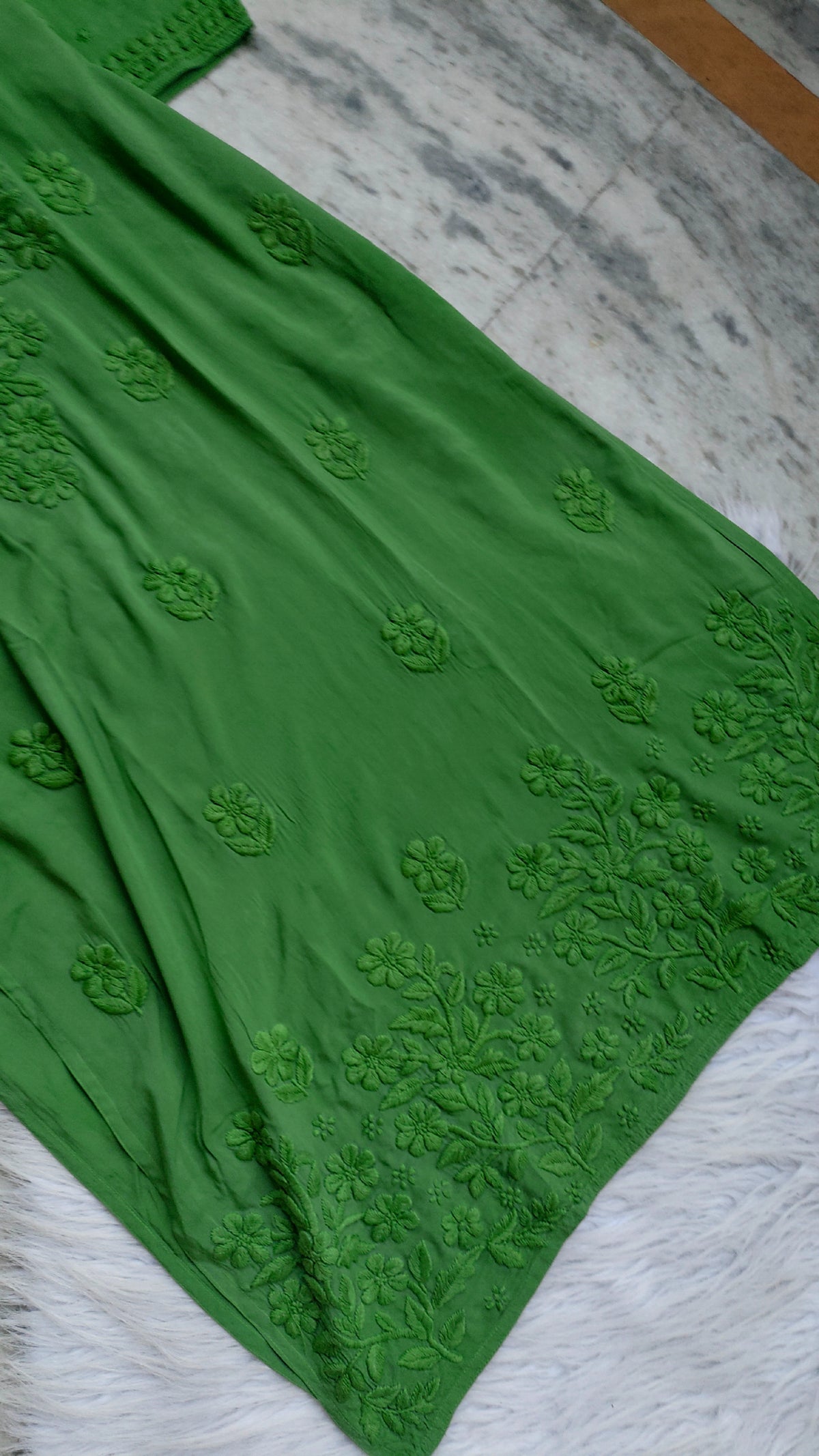 Mughal Green soft modal cotton Kurta with intricate handmade Lucknow Chikankari embroidery, long style from LVW Fashions.