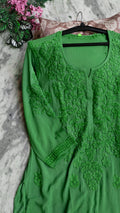 Mughal Green soft modal cotton long Kurta with intricate handmade Chikankari embroidery, traditional Lucknow craftsmanship.
