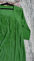 Mughal Green soft modal cotton long kurta with intricate Lucknow Chikankari embroidery by LVW Fashions.