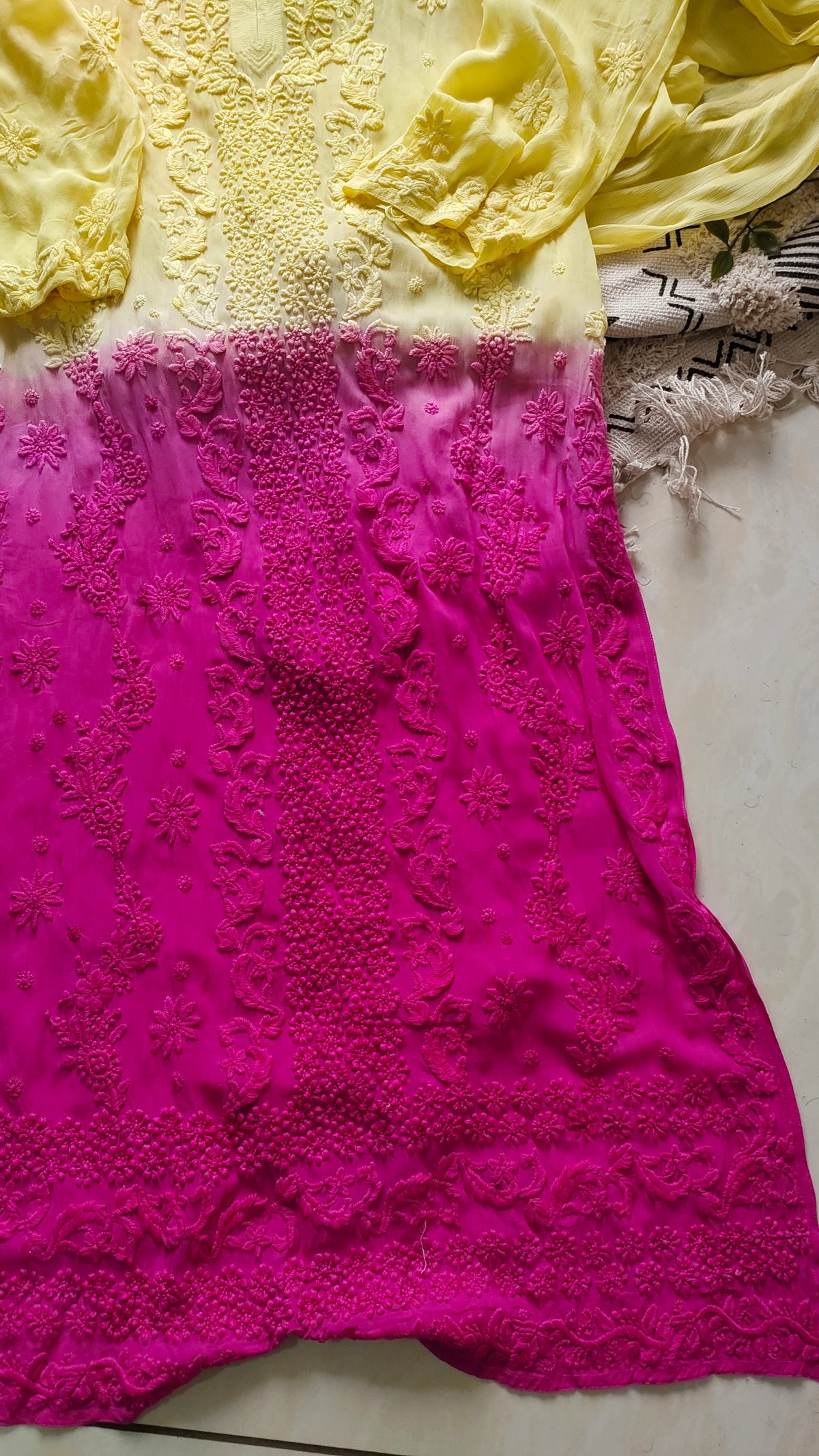 Luxurious LVW Fashions Chikankari long kurta in premium Georgette with Murri motifs and heavy embroidery, handcrafted in Lucknow.