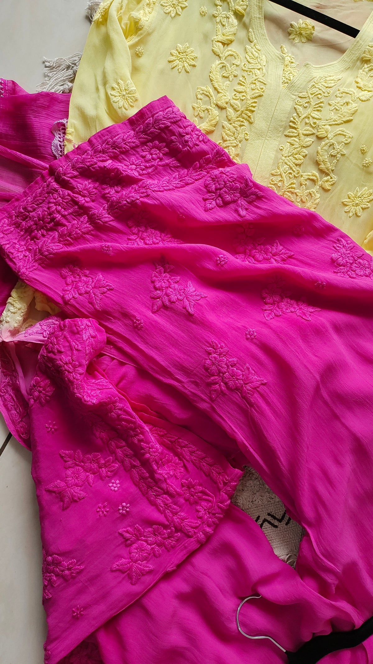 Luxurious LVW Fashions handmade Chikankari long kurta in premium georgette with intricate Murri motifs and heavy embroidery.