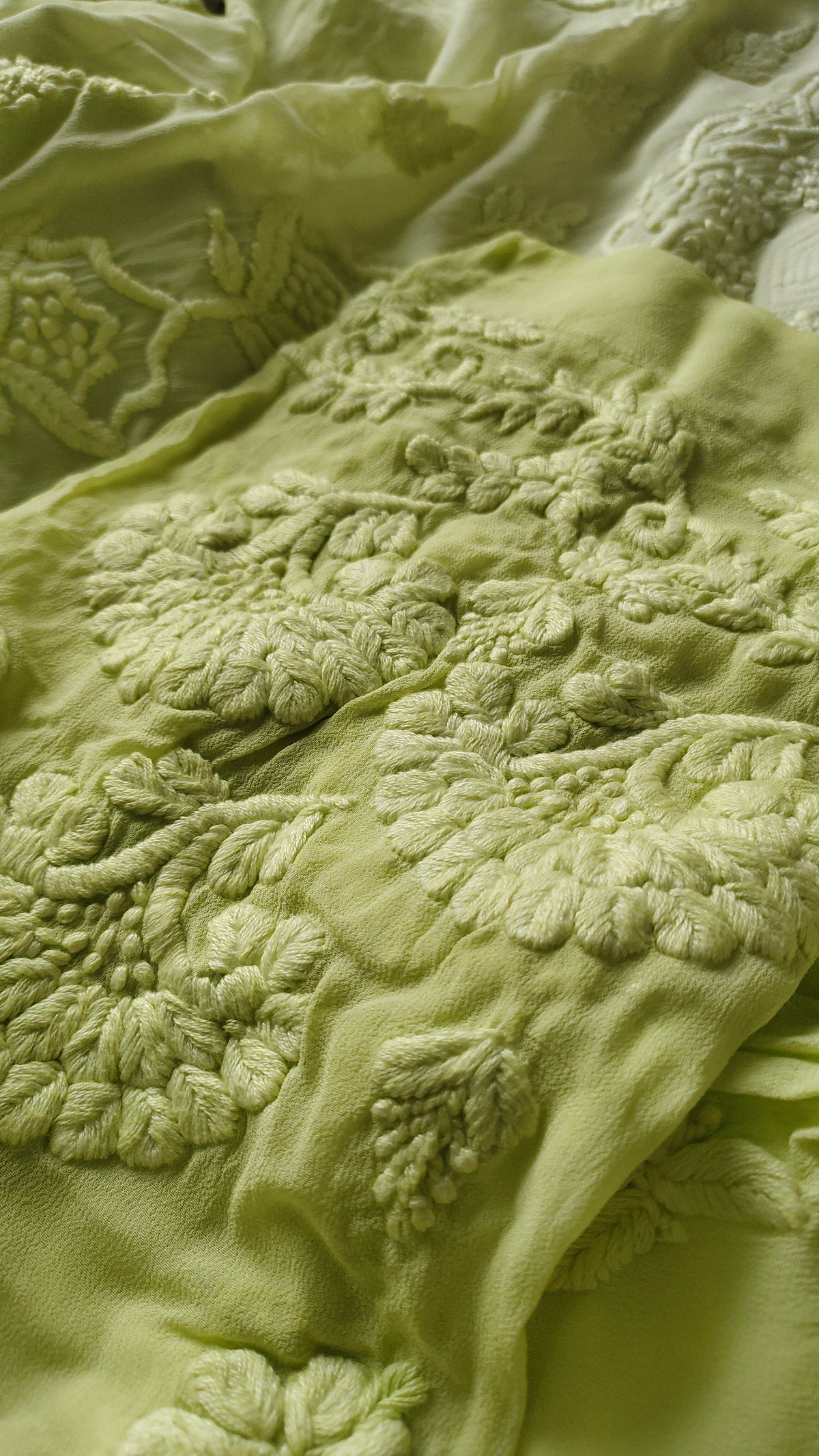 Mustaan Premium Georgette luxurious Chikankari long kurta with heavy embroidery from LVW Fashions, lightweight and handcrafted in Lucknow.
