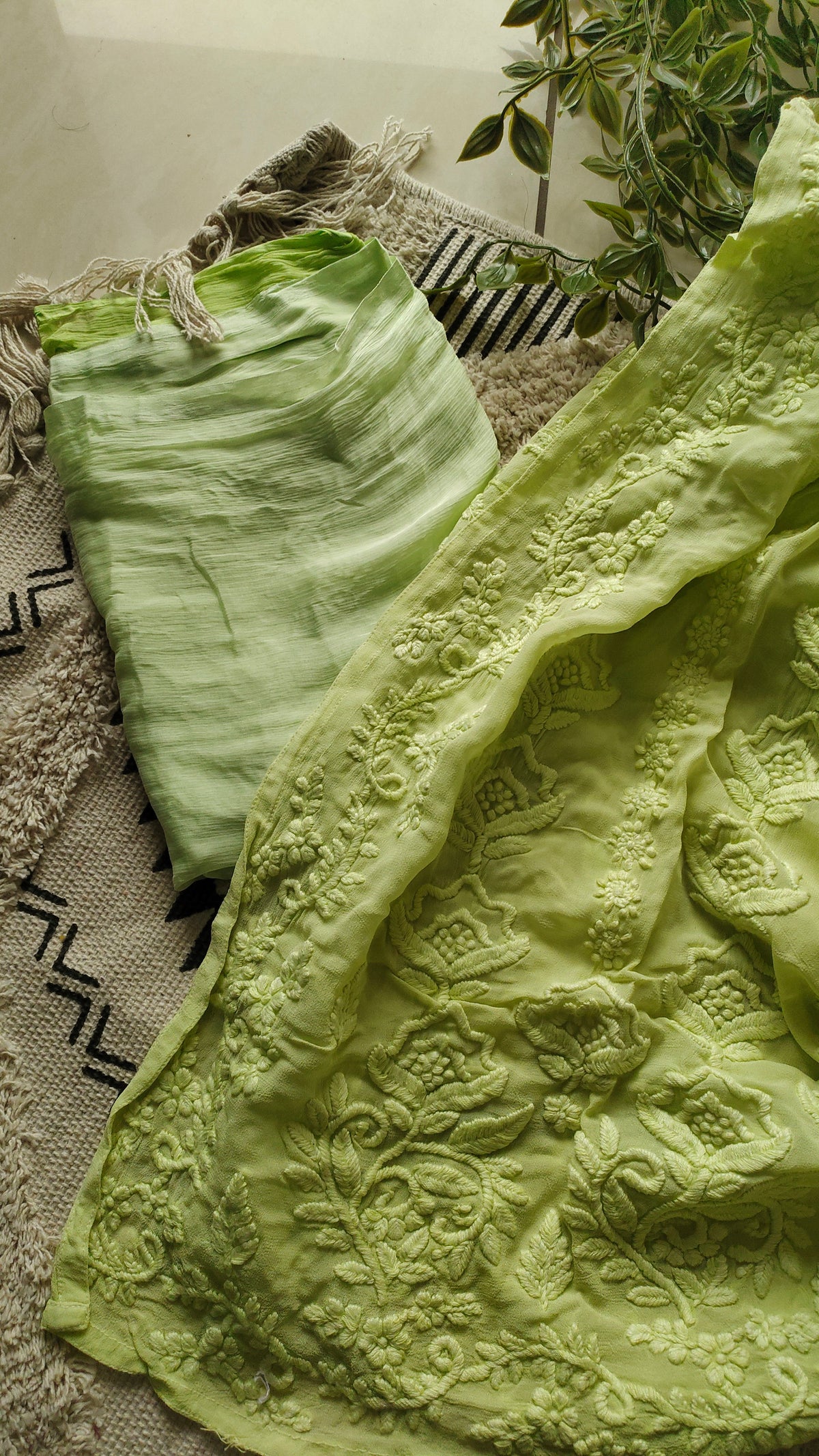 Mustaan premium georgette long Chikankari kurta with heavy embroidery, lightweight, handmade by LVW Fashions in traditional Lucknow style.