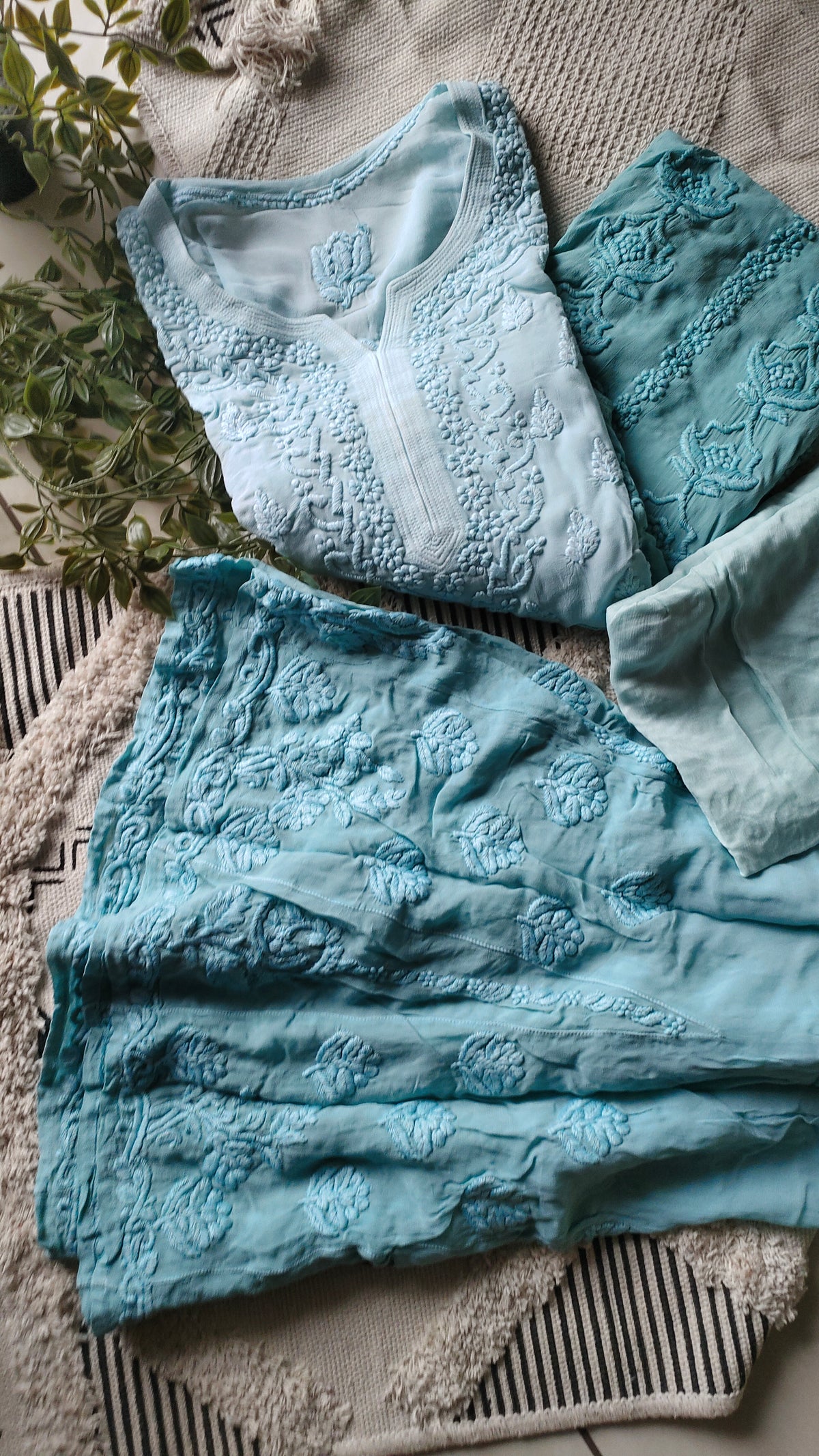Sky blue Mustaan premium georgette long kurta with heavy Lucknow chikankari embroidery, lightweight, luxurious, handmade by LVW Fashions.