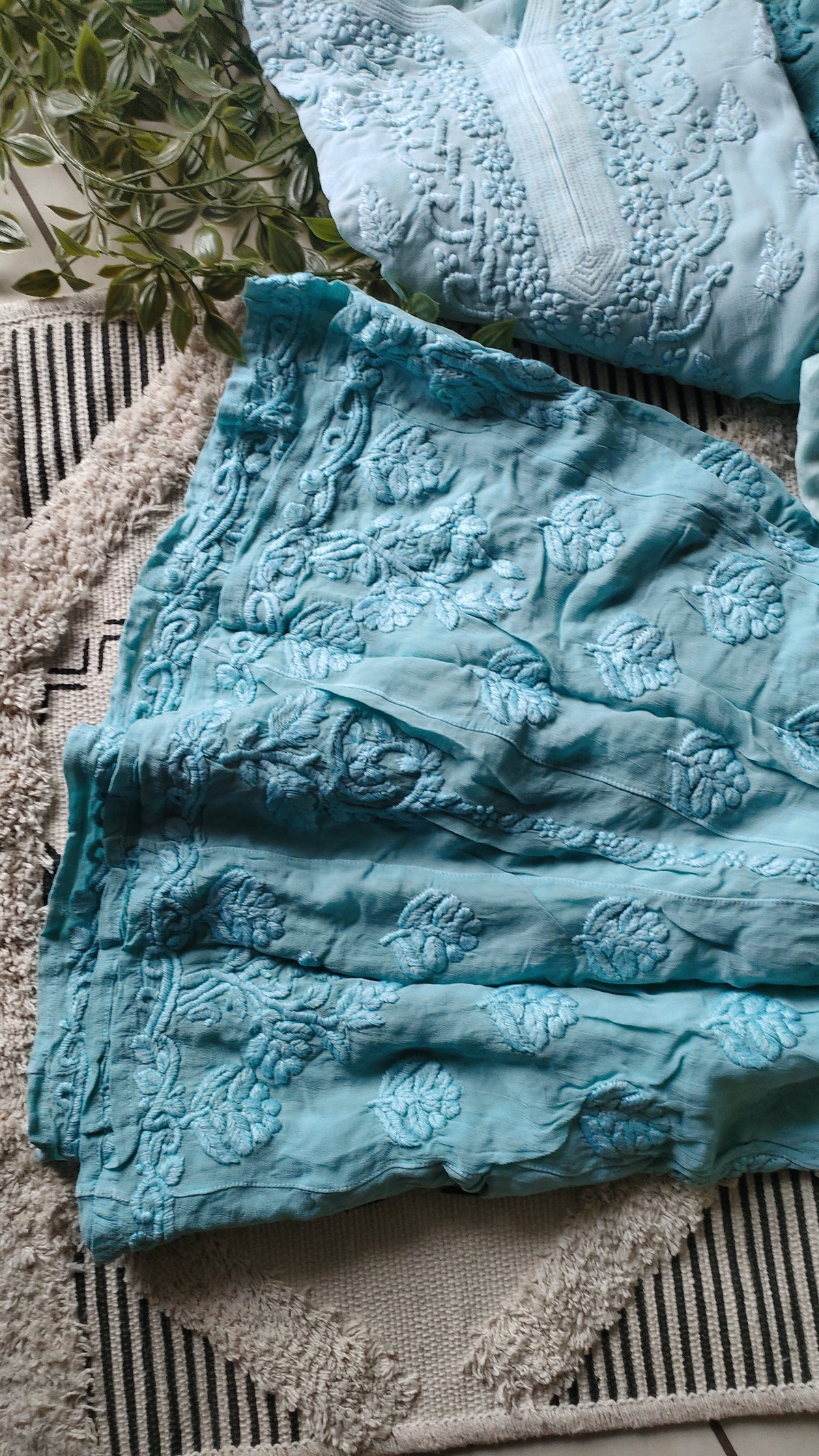 Sky blue Mustaan premium Georgette long Chikankari kurta with heavy embroidery and lightweight design by LVW Fashions.