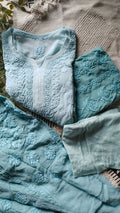 Sky blue Mustaan luxury georgette long Kurta with intricate heavy Chikankari embroidery and lightweight design by LVW Fashions.