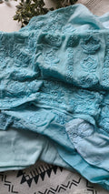 Sky blue premium georgette long kurta with heavy Chikankari embroidery, handmade by LVW Fashions, lightweight and luxurious.