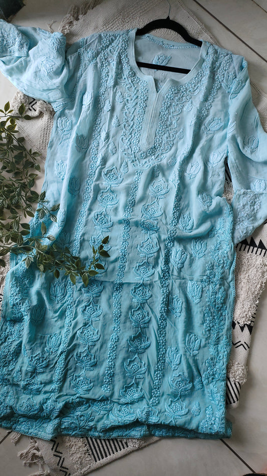 Mustaan Sky Blue Premium Georgette luxurious Chikankari Long Kurta Heavy Embroidery with Light weight