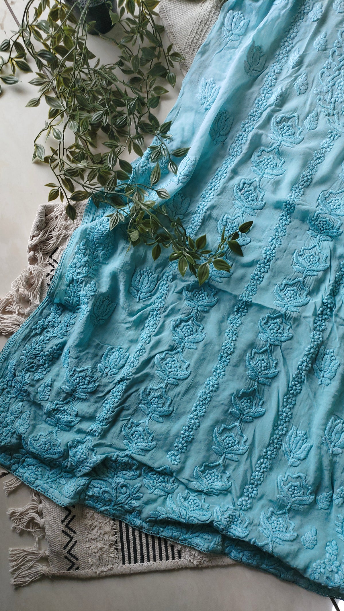 Mustaan Sky Blue premium Georgette Chikankari long kurta by LVW Fashions, featuring heavy embroidery and lightweight luxurious fabric.