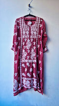 Mystic Maroon LVW Fashions premium crepe silk chikankari tunic with intricate handmade Lucknow embroidery, short sleeves.