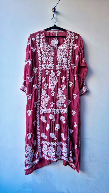Mystic Maroon LVW Fashions premium crepe silk chikankari tunic with intricate handmade Lucknow embroidery, short sleeves.