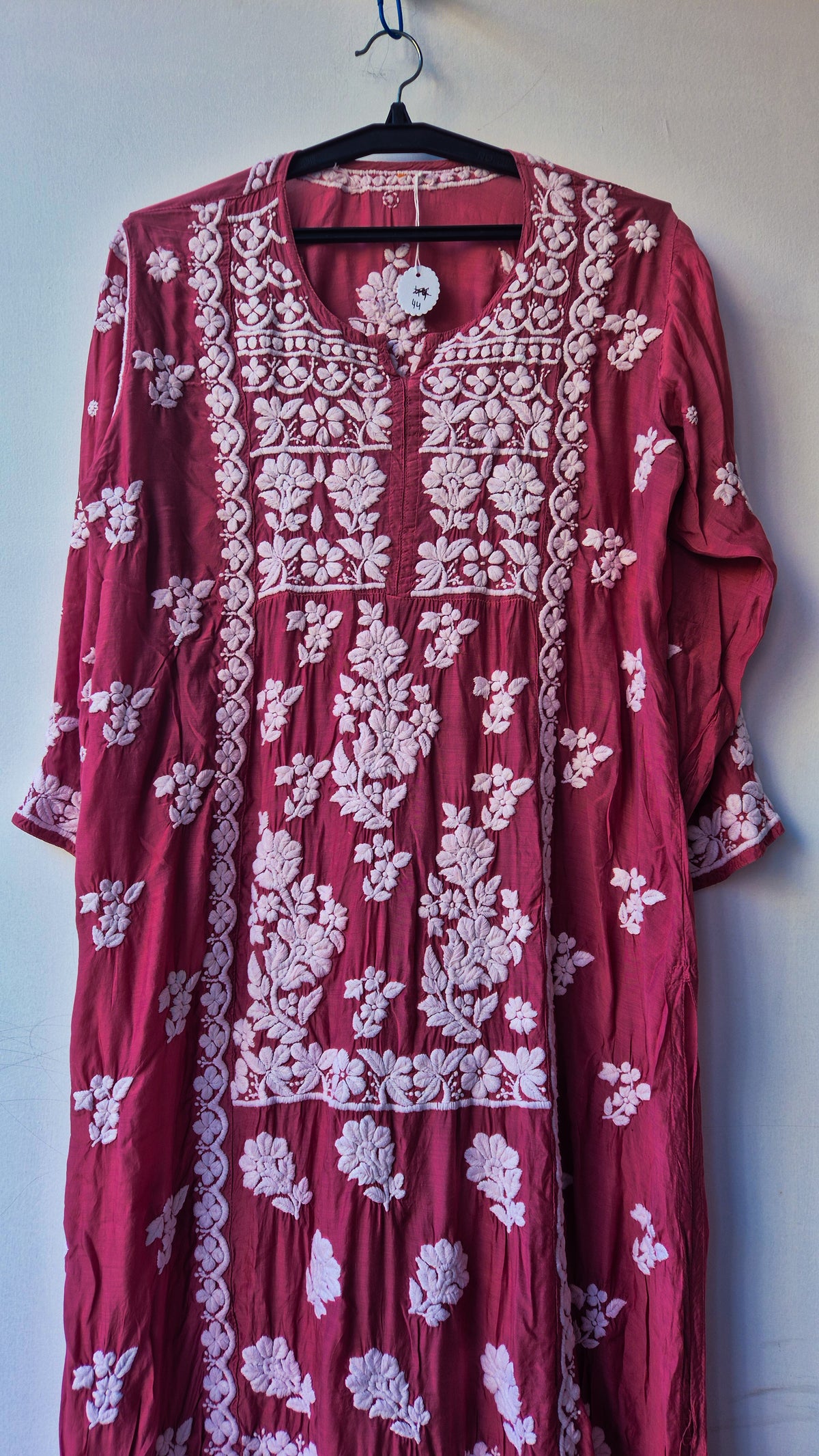 Mystic Maroon LVW Fashions premium crepe silk Chikankari tunic with intricate hand-stitched Lucknow embroidery, showcasing elegant craftsmanship.