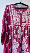Mystic Maroon LVW Fashions premium crepe silk chikankari tunic with intricate handmade Lucknow Chikankari embroidery.