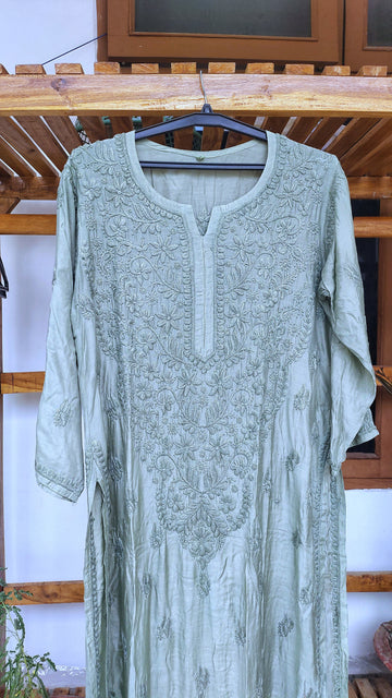 Luxurious Naaz Heavy Neck silk Chikankari long kurta by LVW Fashions, handmade in Lucknow with intricate embroidery.