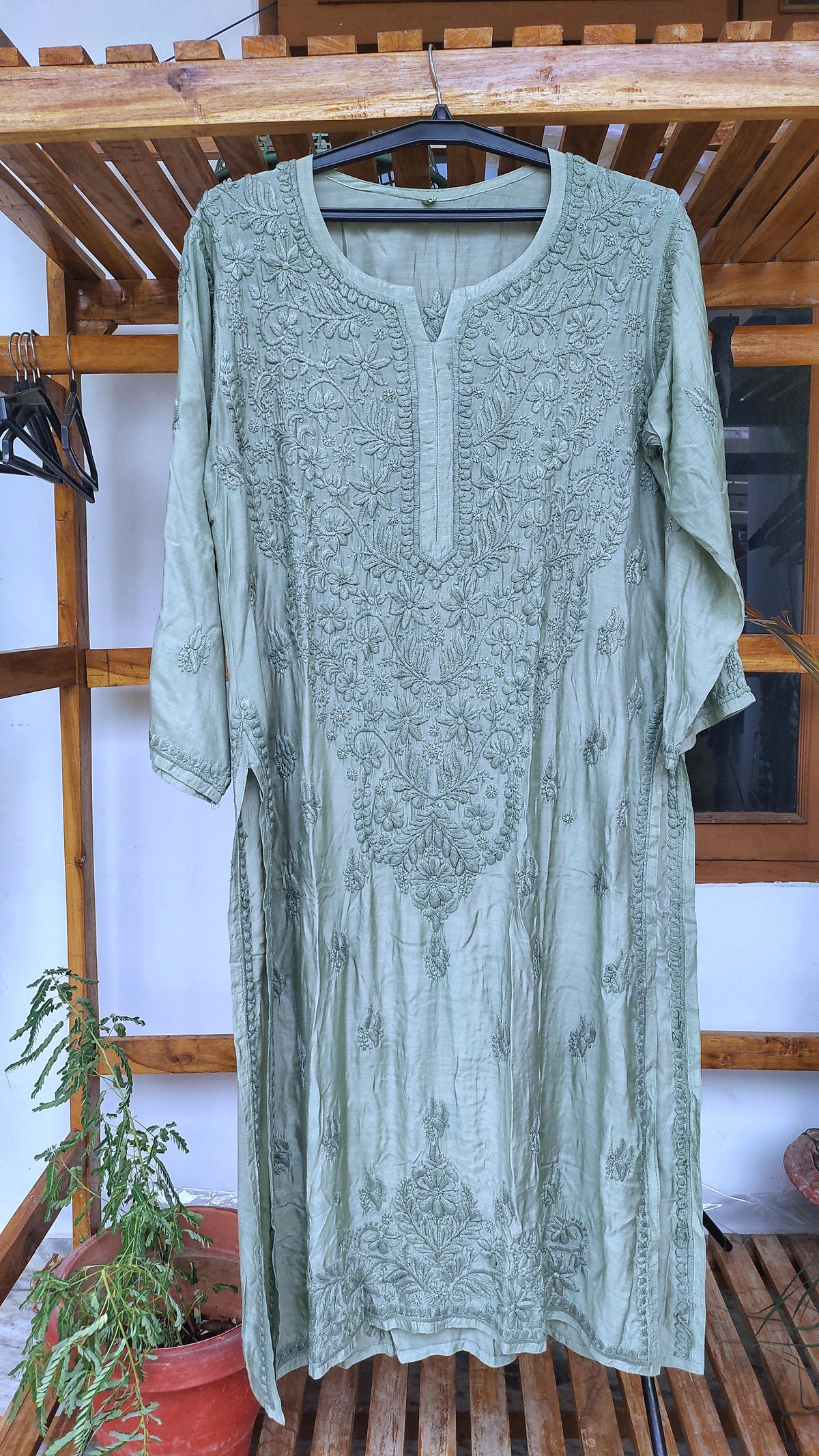 Luxurious Naaz Heavy Neck Silk Chikankari Long Kurta by LVW Fashions, handcrafted Lucknow Chikankari in a premium design.