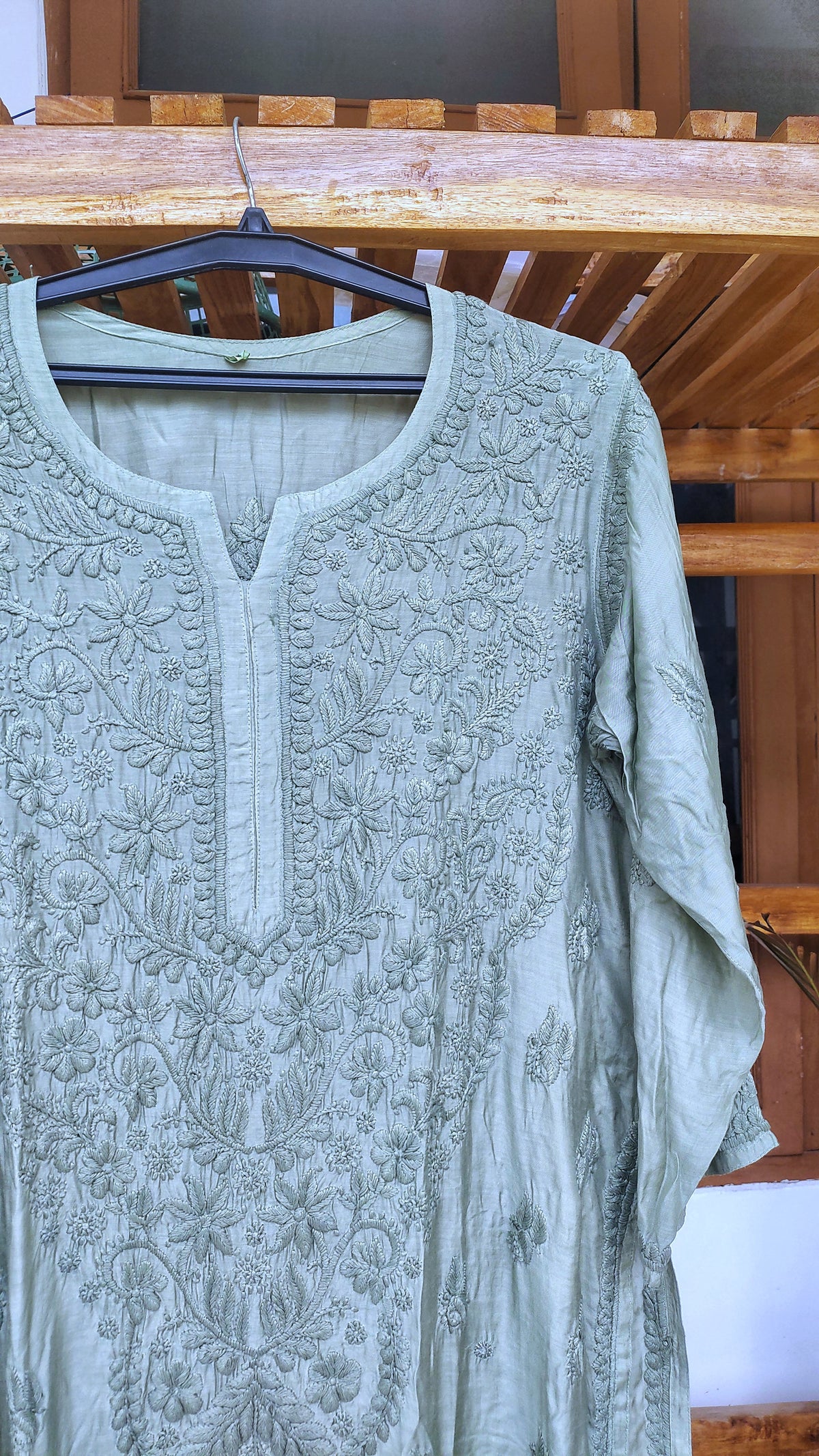 Luxurious silk Naaz Heavy Neck Chikankari Long Kurta by LVW Fashions, handcrafted with intricate Lucknow chikankari embroidery.