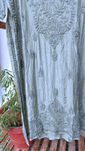 Luxurious silk Naaz Heavy Neck Chikankari long kurta by LVW Fashions, handcrafted with intricate Lucknow chikankari embroidery.