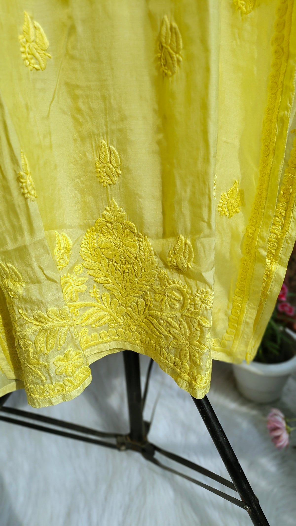 Neer Premium Muslin Silk Daman Neck Booti Chikankari Kurta by LVW Fashions, handmade Lucknow Chikankari with intricate embroidery.
