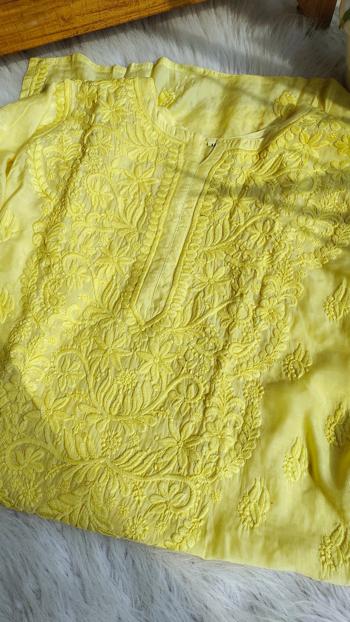 Neer Premium Muslin Soft Silk Daman Neck Booti Chikankari Kurta by LVW Fashions, handmade Lucknow Chikankari with intricate embroidery.