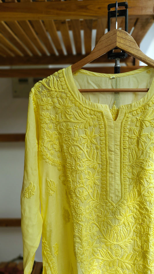 Neer Premium Muslin Soft Silk Daman Neck Booti Chikankari Kurta by LVW Fashions featuring intricate Lucknow Chikankari embroidery.