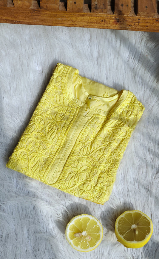 Neer Premium Muslin Silk Daman Neck Booti Chikankari Kurta by LVW Fashions, handmade Lucknow Chikankari with intricate embroidery.