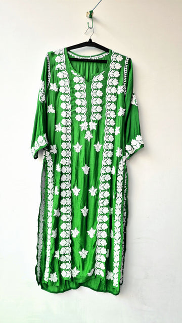 Neon premium silk long kurti with intricate handmade chikankari embroidery by LVW Fashions, featuring traditional Lucknow craftsmanship.