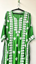 Neon premium silk long Kurti with intricate Lucknow Chikankari embroidery by LVW Fashions, handmade traditional Indian kurta.