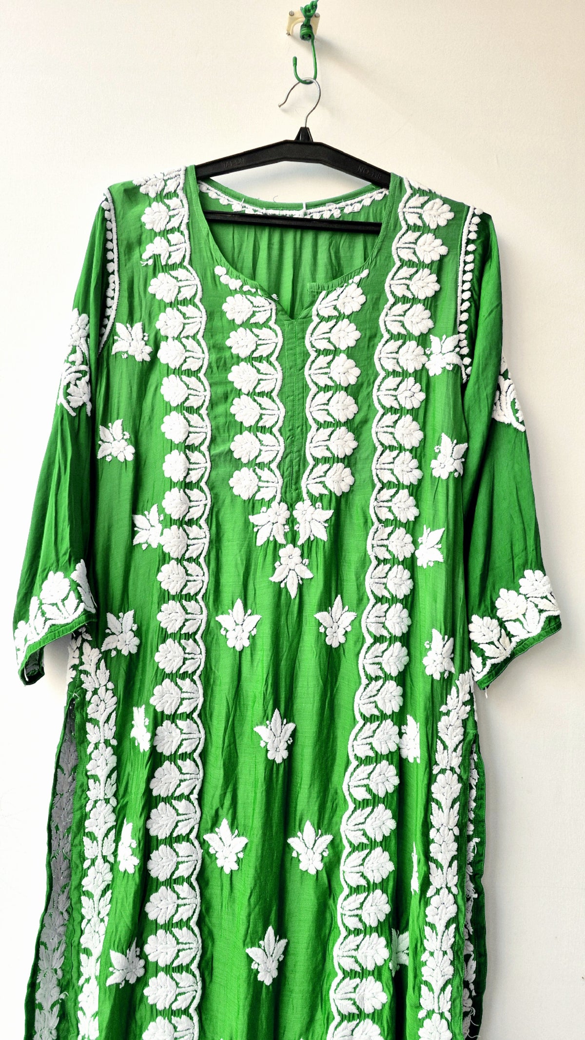 Neon premium silk long Kurti with intricate Lucknow Chikankari embroidery by LVW Fashions, handmade traditional Indian kurta.