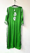 Neon premium silk long kurti with intricate handmade Lucknow chikankari embroidery by LVW Fashions, stylish and elegant.