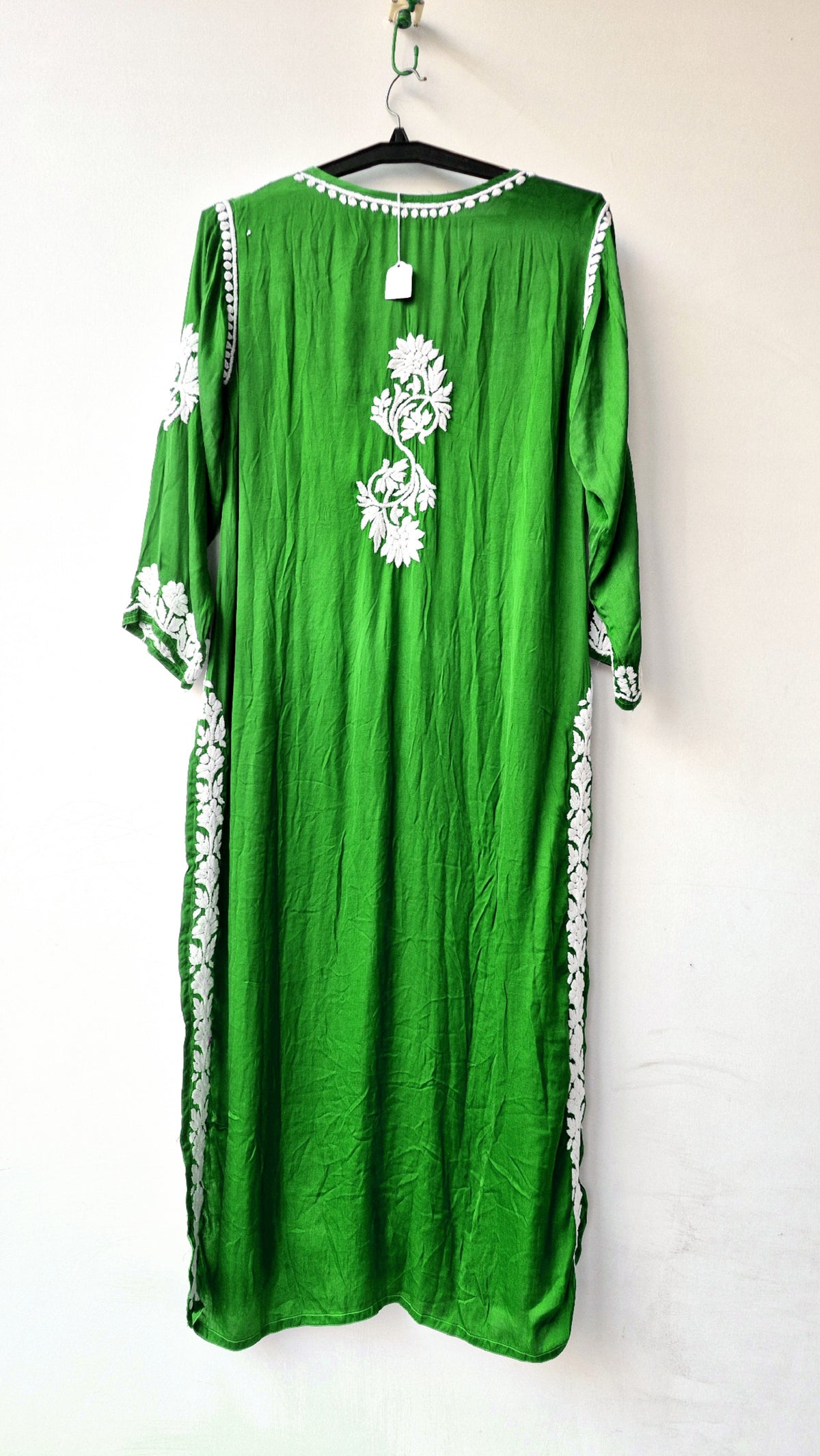 Neon premium silk long kurti with intricate handmade Lucknow chikankari embroidery by LVW Fashions, stylish and elegant.
