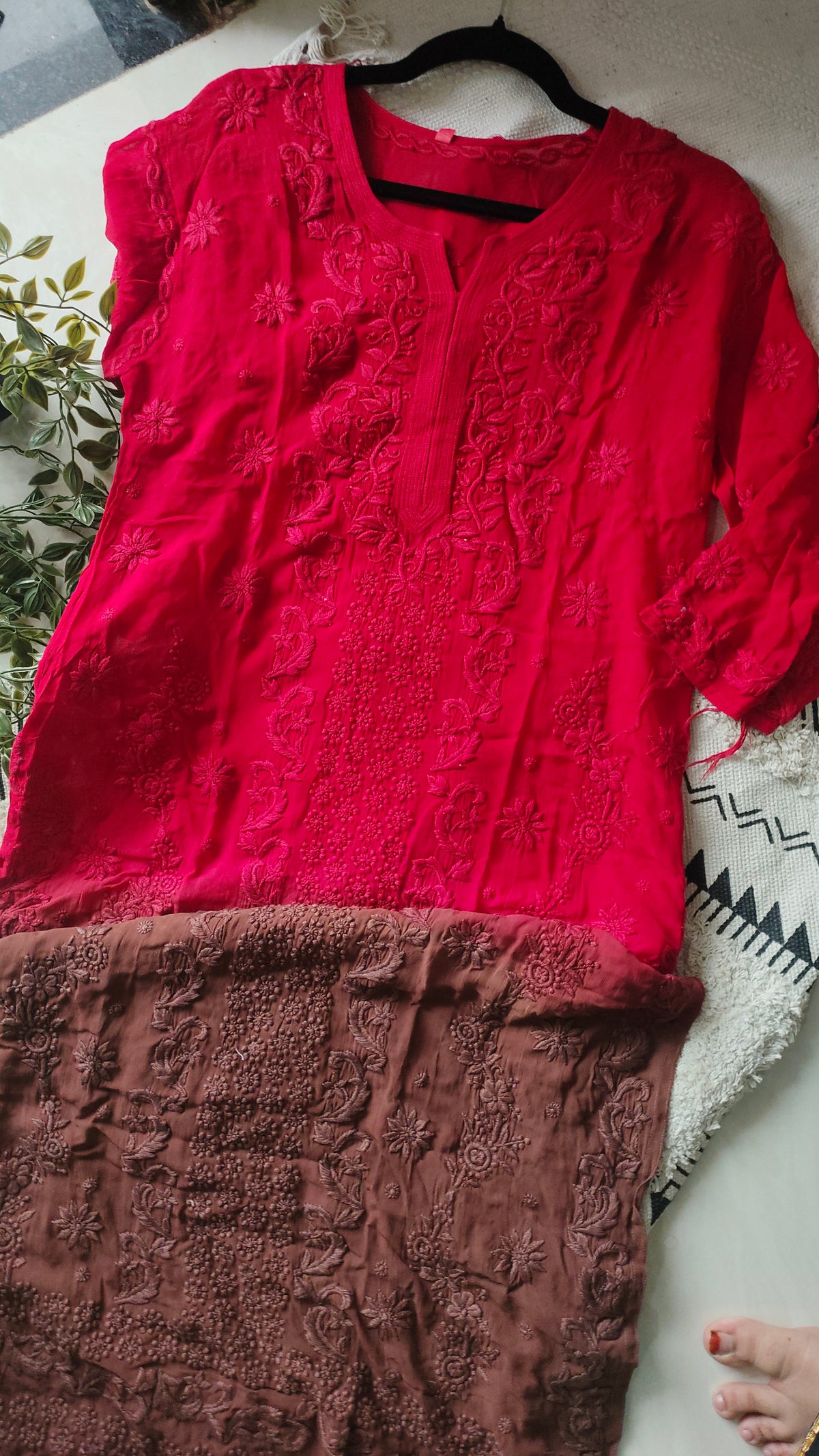 Luxurious LVW Fashions Georgette Chikankari long kurta with heavy embroidery, Murri motifs, lightweight, handmade in Lucknow.