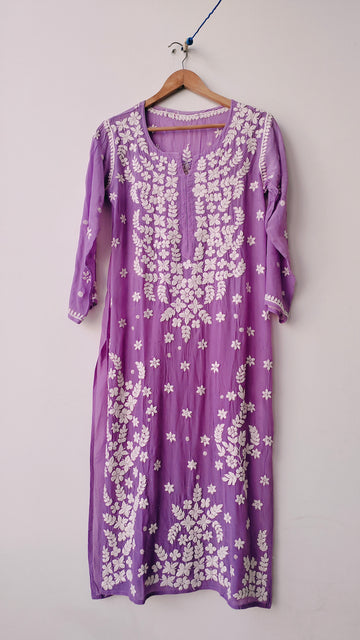 Newest Purple Premium Silk Chikankari Luxurious Long Kurta With Kamdani Add on