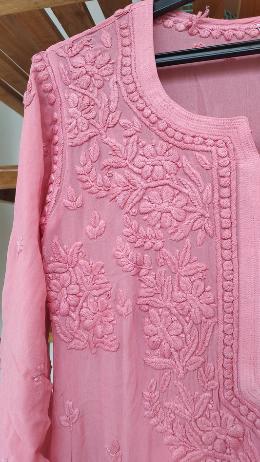 LVW Fashions Noor Chikankari premium georgette kurta showing front and back with intricate handmade Lucknow Chikankari design.