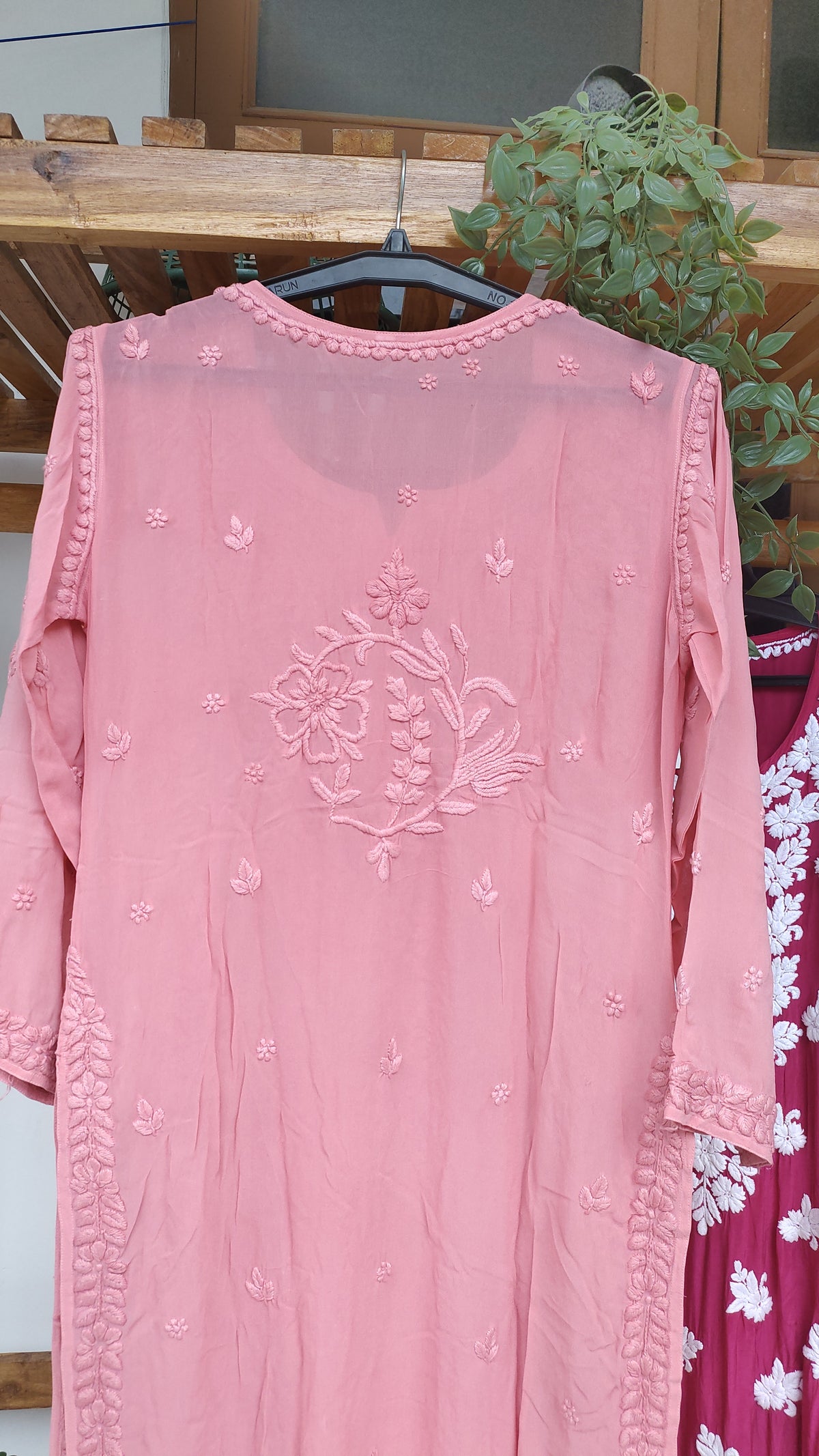 LVW Fashions Noor Chikankari premium georgette kurta showing detailed front and back design, handmade Lucknow chikankari craftsmanship.