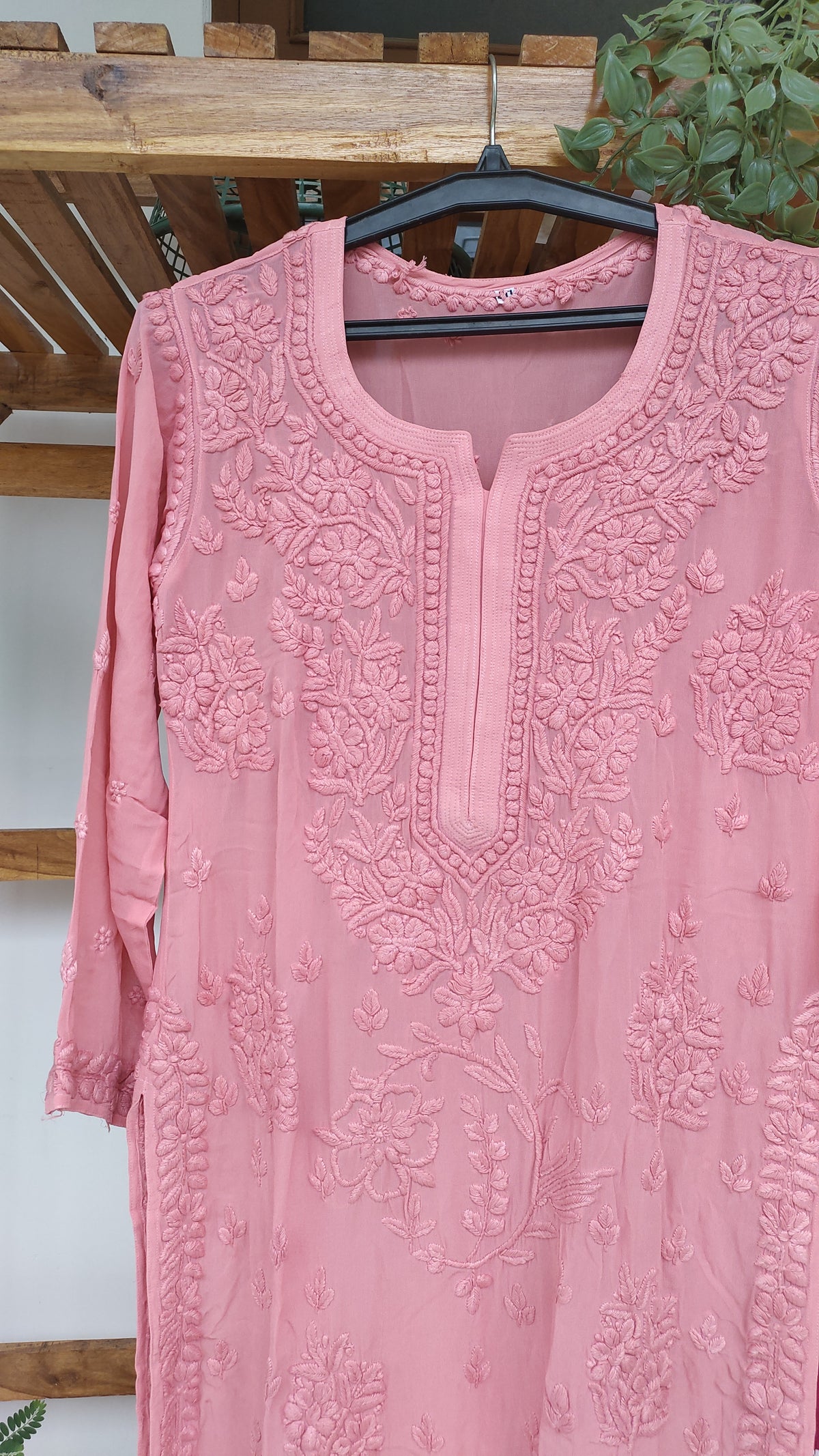 Handmade Noor Chikankari premium georgette kurta by LVW Fashions, front and back view, showcasing intricate Lucknow chikankari design.