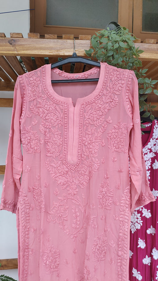 Handmade Noor Chikankari premium georgette kurta by LVW Fashions, front and back view showcasing intricate design and craftsmanship.